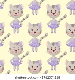 Vector seamless pattern in child style with a cat ballerina.