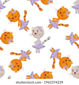 Vector seamless pattern in child style with a cat ballerina.