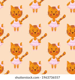 Vector seamless pattern in child style with a cat ballerina.