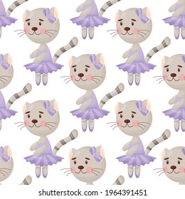 Vector seamless pattern in child style with a cat ballerina.