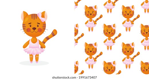 Vector seamless pattern in child style with a cat ballerina. Vector illustration
