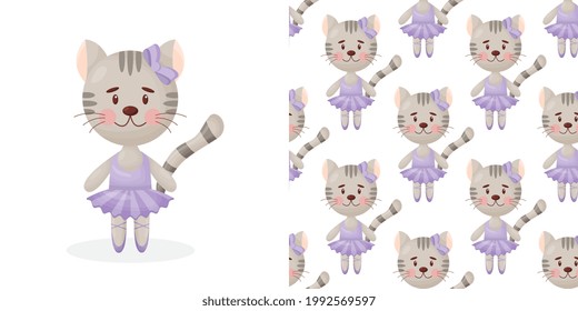 Vector seamless pattern in child style with a cat ballerina. 