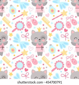 Vector seamless pattern in child style with a cat ballerina. Background with hearts and kitty ballerina.