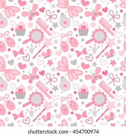 Vector seamless pattern in child style with butterflies and bows. Girls background with girlish treasures.