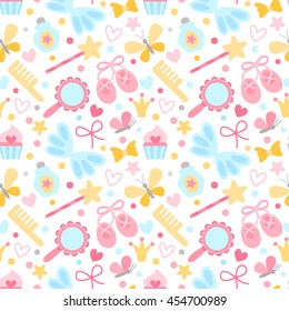 Vector seamless pattern in child style with butterflies and bows. Girls background with girlish treasures.