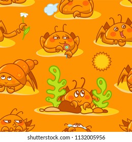 Vector seamless pattern, childish cartoon texture. Illustration of kawaii crabs with seaweeds, corals, stones, shell on sands, orange background. Abstract design, perfect for fabric, paper and more