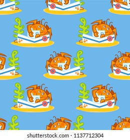 Vector seamless pattern, childish cartoon texture. Illustration of kawaii crabs on sands, blue background. Abstract design, perfect for fabric, paper and more