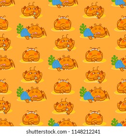 Vector seamless pattern, childish cartoon texture. Illustration of kawaii crabs on sands, orange background. Abstract design, perfect for fabric, paper and more