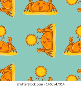 Vector seamless pattern, childish cartoon texture. Illustration of kawaii crabs on sands, green background. Abstract design, perfect for fabric, paper and more