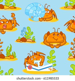 Vector seamless pattern, childish cartoon texture. Illustration of kawaii crabs with seaweeds, corals, stones, shell on sands, blue background. Abstract design, perfect for fabric, paper and more