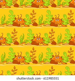 Vector seamless pattern, childish cartoon texture. Illustration of kawaii crabs with seaweeds, corals, stones, shell on sands, orange background. Abstract design, perfect for fabric, paper and more