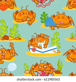 Vector seamless pattern, childish cartoon texture. Illustration of kawaii crabs with seaweeds, corals, stones, shell on sands, green background. Abstract design, perfect for fabric, paper and more