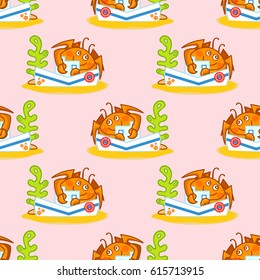 Vector seamless pattern, childish cartoon texture. Illustration of kawaii crabs on sands, pink background. Abstract design, perfect for fabric, paper and more