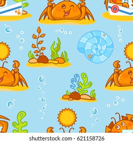 Vector seamless pattern, childish cartoon texture. Illustration of kawaii crabs with seaweeds, corals, stones, shell on sands, blue background. Abstract design, perfect for fabric, paper and more