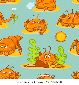 Vector seamless pattern, childish cartoon texture. Illustration of kawaii crabs with seaweeds, corals, stones, shell on sands, green background. Abstract design, perfect for fabric, paper and more