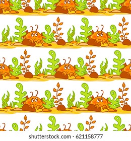Vector seamless pattern, childish cartoon texture. Illustration of kawaii crabs with seaweeds, corals, stones, shell on sands, white background. Abstract design, perfect for fabric, paper and more