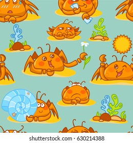 Vector seamless pattern, childish cartoon texture. Illustration of kawaii crabs with seaweeds, corals, stones, shell on sands, green background. Abstract design, perfect for fabric, paper and more