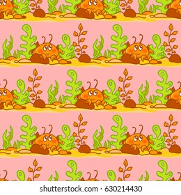 Vector seamless pattern, childish cartoon texture. Illustration of kawaii crabs with seaweeds, corals, stones, shell on sands, pink background. Abstract design, perfect for fabric, paper and more