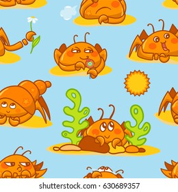 Vector seamless pattern, childish cartoon texture. Illustration of kawaii crabs with seaweeds, corals, stones, shell on sands, blue background. Abstract design, perfect for fabric, paper and more 