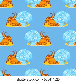 Vector seamless pattern, childish cartoon texture. Illustration of kawaii crabs on sands, blue background. Abstract design, perfect for fabric, paper and more