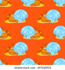 Vector seamless pattern, childish cartoon texture. Illustration of kawaii crabs on sands, red background. Abstract design, perfect for fabric, paper and more 