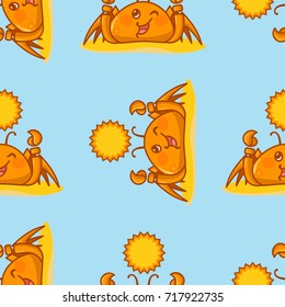 Vector seamless pattern, childish cartoon texture. Illustration of kawaii crabs on sands, blue background. Abstract design, perfect for fabric, paper and more