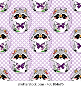 Vector seamless pattern in childish cute style. Lovely light lilac print - sweet cartoon happy raccoon girl with flower and sailor shirt. White pea background, oval frame