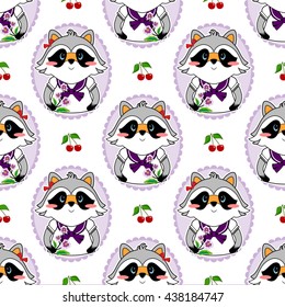 Vector seamless pattern in childish cute style Lovely light lilac print - sweet cartoon happy raccoon girl with flower and sailor shirt. White and cherry background, oval frame