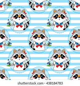 Vector seamless pattern in childish cute style. Lovely light blue print - sweet cartoon smiling raccoon girl with flower and sailor shirt. Stripped background, oval frame