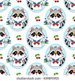 Vector seamless pattern in childish cute style. Lovely light blue print, sweet cartoon smiling raccoon girl with flower and sailor shirt. White and cherry background, oval frame