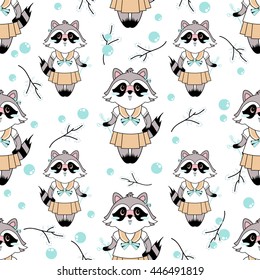 Vector seamless pattern in childish cute style. Kawaii fashionable cartoon raccoon girl in school sailor form, branch, leaves, berry and bubbles on white background. Beige, blue, yellow, black color