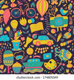 Vector seamless pattern, childish doodles. Pattern ,set of different school, travel, romantic things. Enjoy life concept. Use for wallpaper, pattern fills, web page background,surface textures.