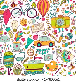 Vector seamless pattern, childish doodles. Pattern ,set of different school, travel, romantic things. Enjoy life concept. Use for wallpaper, pattern fills, web page background,surface textures.