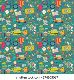 Vector seamless pattern, childish doodles. Pattern ,set of different school, travel, romantic things. Enjoy life concept. Use for wallpaper, pattern fills, web page background,surface textures.