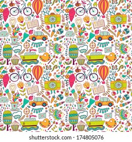 Vector seamless pattern, childish doodles. Pattern ,set of different school, travel, romantic things. Enjoy life concept. Use for wallpaper, pattern fills, web page background,surface textures.