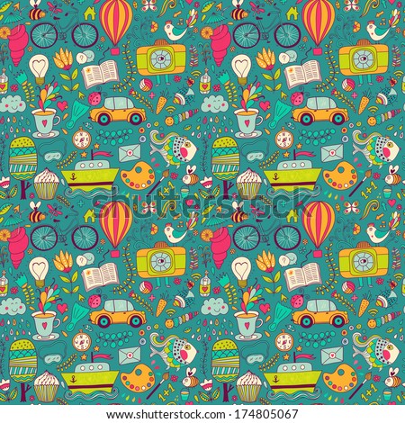 Vector seamless pattern, childish doodles. Pattern ,set of different school, travel, romantic things. Enjoy life concept. Use for wallpaper, pattern fills, web page background,surface textures.