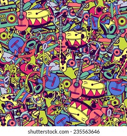 Vector seamless pattern, childish doodles.Vector design elements: notes, musical instruments, lifestyle, music.