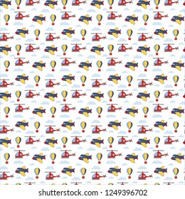 Vector seamless pattern for children with balloons, airplanes, helicopters flying in the sky with clouds.