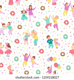 Vector seamless pattern for children birthday party. Flat hand drawn style. Happy kid characters, donuts, confetti isolated on white background. Good for cards, packaging gifts paper, banner etc.
