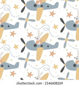 Patrón de vectores sin fisuras para niños con conejillos en un plano de estilo plano sobre un fondo blanco. Ideal para el diseño de ropa para niños, papel de envoltura, papel pintado. Ilustración vectorial.