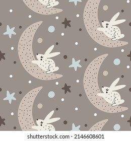 Vector seamless pattern for children with bunnies on the moon in a flat style on a beige background. Ideal for the design of children's clothing, wrapping paper, wallpaper. Vector illustration.