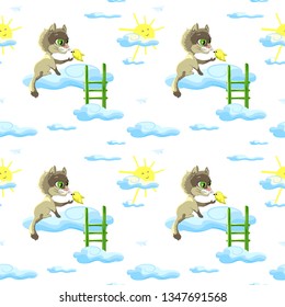 Vector Seamless Pattern for Children with cat playing on clouds with a bird. Creative kids texture for fabric, wrapping, textile, wallpaper, apparel. 