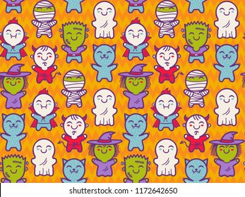 Vector seamless pattern with children in costumes for Halloween. Pattern with cute kids in Halloween monsters costumes.