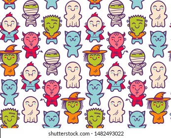 Vector seamless pattern with children in costumes for Halloween. Pattern with cute kids in Halloween monsters costumes. Halloween texture.