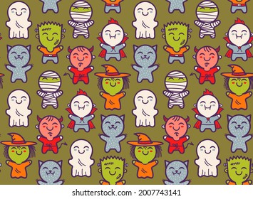 Vector seamless pattern with children in costumes for Halloween. Pattern with cute kids in Halloween monsters costumes. Halloween texture.