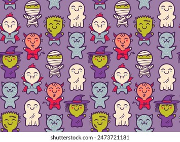 Vector seamless pattern with children in costumes for Halloween. Pattern with cute kids in Halloween monsters costumes. Halloween texture.