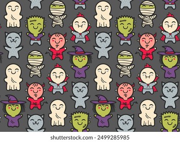 Vector seamless pattern with children in costumes for Halloween. Pattern with cute kids in Halloween monsters costumes. Halloween texture.