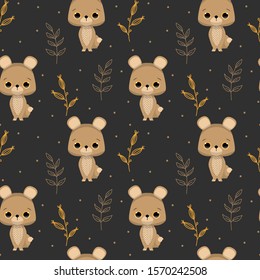 Vector seamless pattern for children.
of cute bear. Scandinavian illustration. Simple icon of animal and doodle plants
