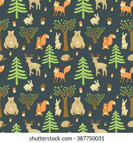 vector seamless pattern for children with cute images of bear, deer, squirrel in their natural habitat -forest