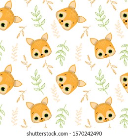 Vector seamless pattern for children
of funny forest animal and plants. Fox face. Flat illustration.
